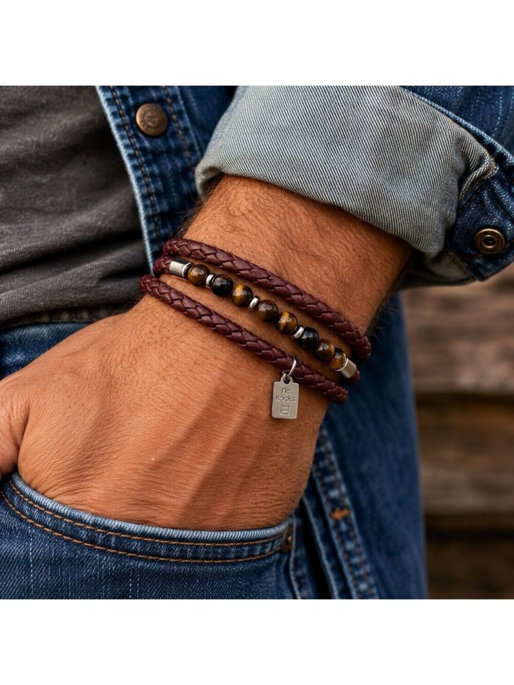 He Rocks Tiger Eye Bead Brown Braided Leather Wrap Bracelet Magnetic Clasp